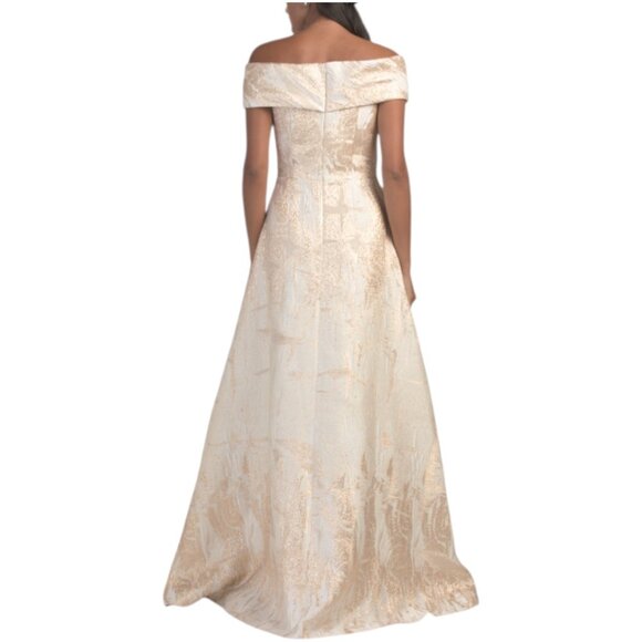 TERI JON Met Jacquard Cuff Off Shoulder A-line Gown - Picture 2 of 3